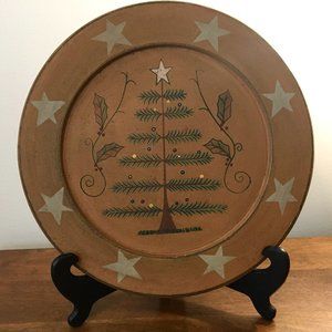 Primitive/Folk Art Christmas Tree painted on Wood Plate, with Stand